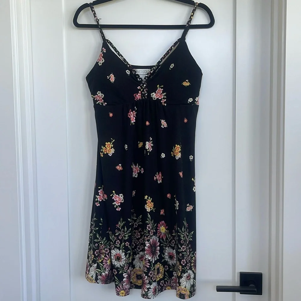 Planet Gold black floral dress with braided accent - Picture 1 of 7